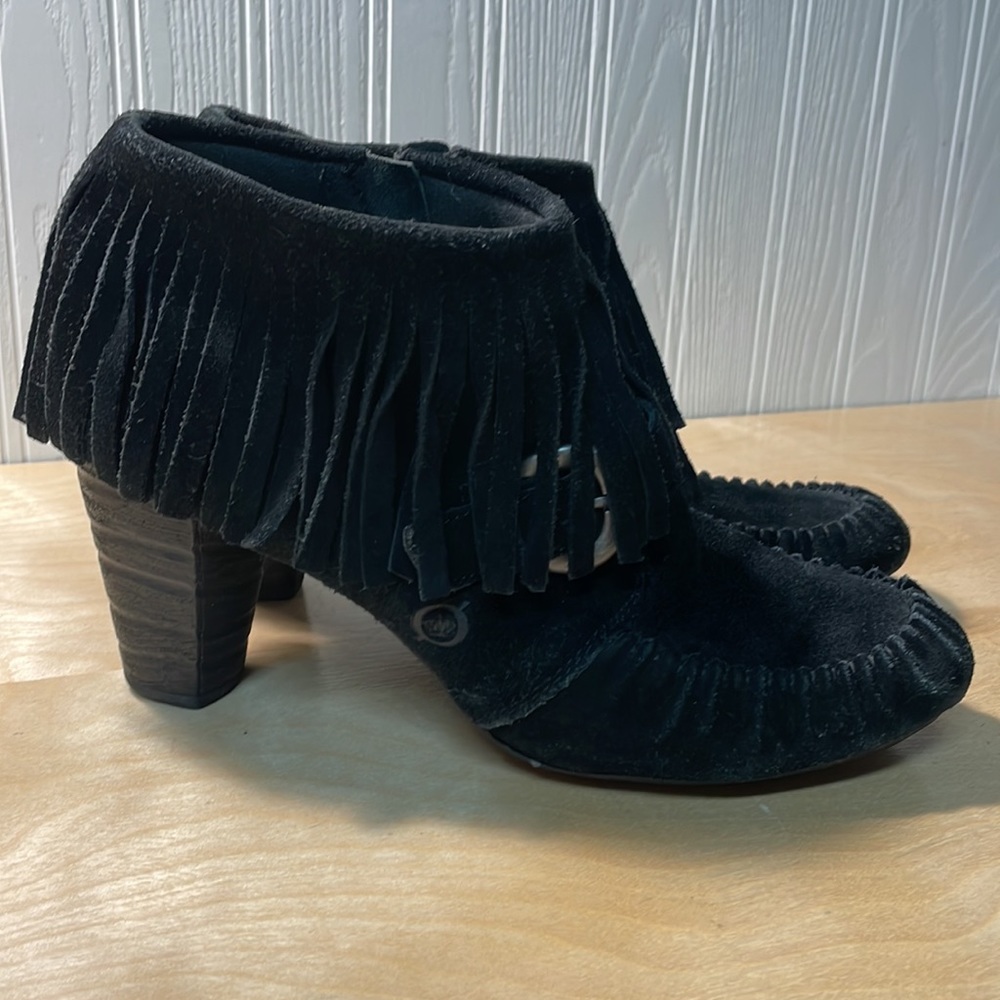 Born Thora Fringe Genuine Suede Ankle Bootie - Black